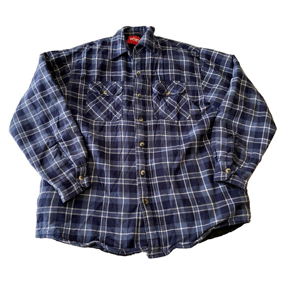 Wrangler Shacket Mens Medium Blue Plaid Button Up Western Chore Shirt Jacket - Picture 1 of 12